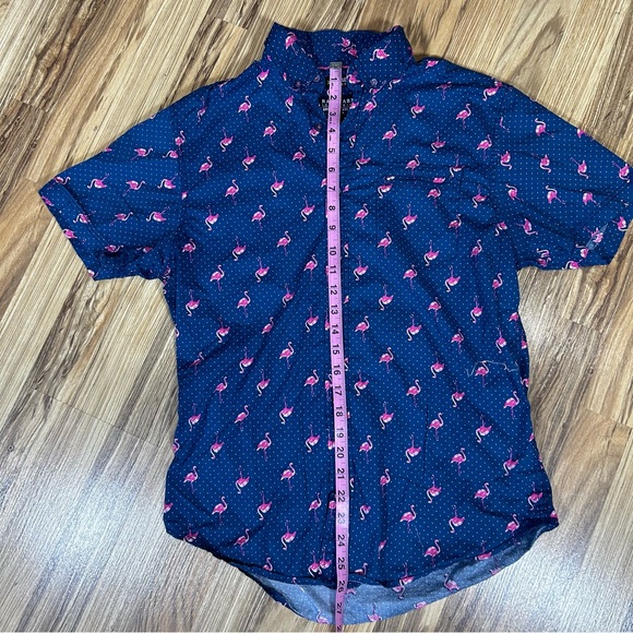 Flamingo All over Print Button Down Short Sleeve Stretch Raw Yarn Flaw Men/jr. L - Picture 2 of 6